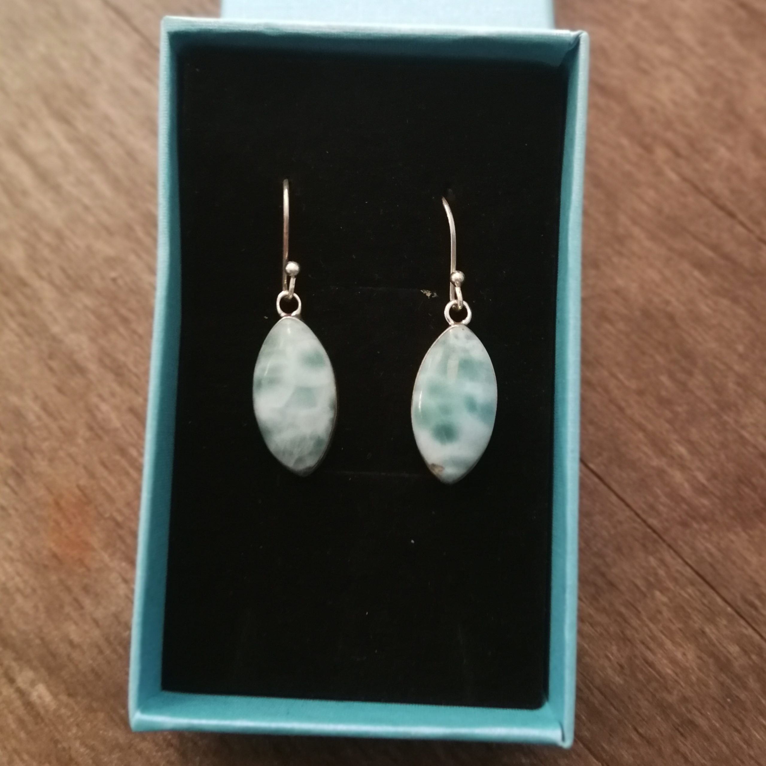Boucles D'oreilles Pendantes En Larimar (pectolite) - Monture Argent Sterling, Fait Main, Neuf Sans Emballage